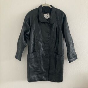 Vintage 80s LNR Black Leather Coat Trench Button Front Classic 90s Grunge Small
